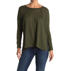 Forgotten Grace T Shirt Womens XS Extra Small Green Long Sleeve Side Split Crew